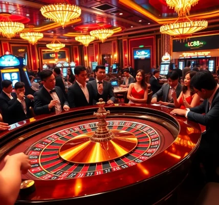 Excited players enjoying a game at lc88.my's vibrant casino, with roulette wheels and colorful chips.