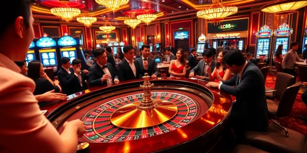Excited players enjoying a game at lc88.my's vibrant casino, with roulette wheels and colorful chips.