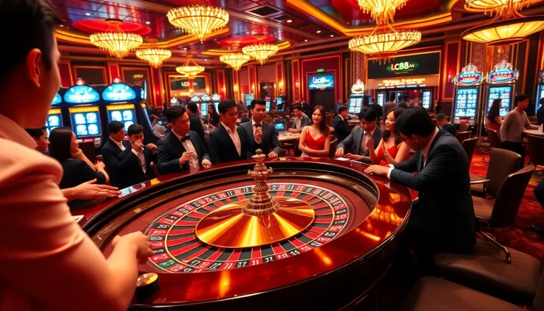 Excited players enjoying a game at lc88.my's vibrant casino, with roulette wheels and colorful chips.