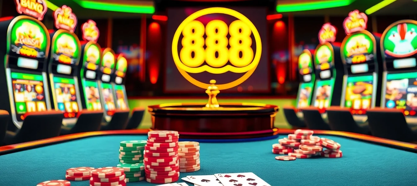 Gambling at nhà cái 888b, showcasing vibrant casino tables and slot machines.