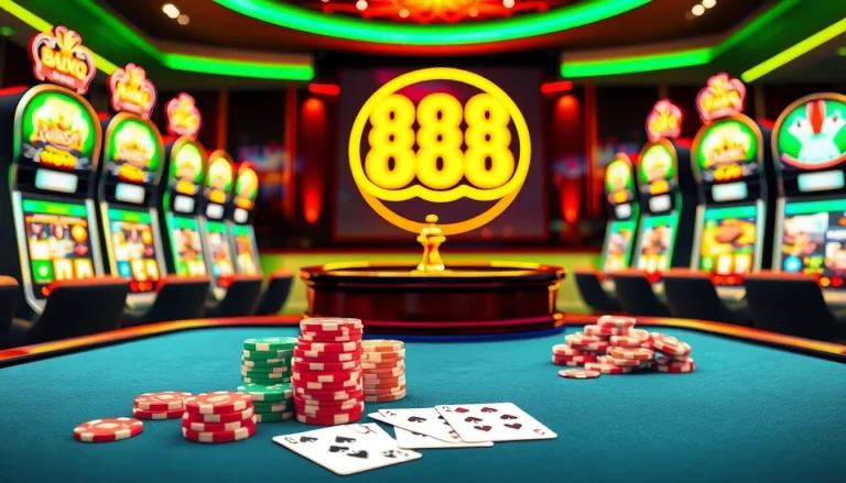 Gambling at nhà cái 888b, showcasing vibrant casino tables and slot machines.