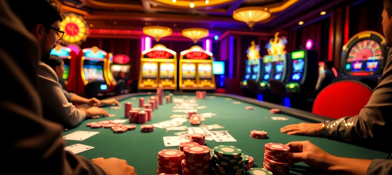 Players engaging in a thrilling game at nhà cái tr88 casino table surrounded by vibrant poker chips.