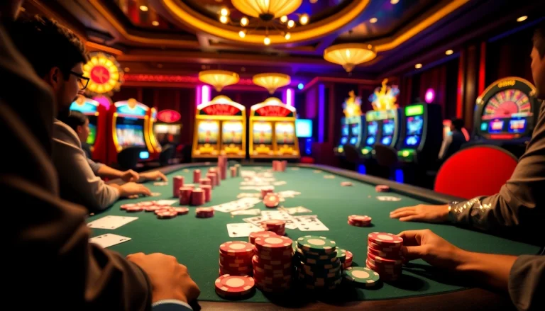Players engaging in a thrilling game at nhà cái tr88 casino table surrounded by vibrant poker chips.