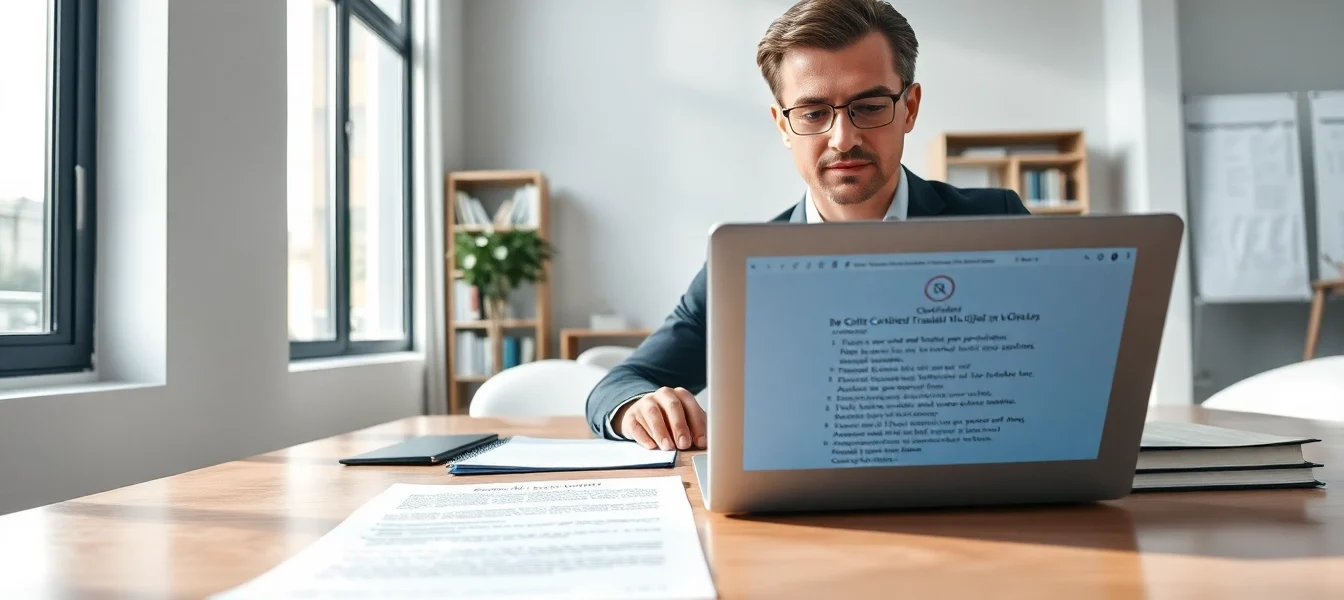 Traducteur agréé professionnel travaillant avec diligence dans un bureau moderne sur des documents de traduction.