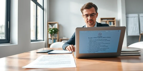 Traducteur agréé professionnel travaillant avec diligence dans un bureau moderne sur des documents de traduction.