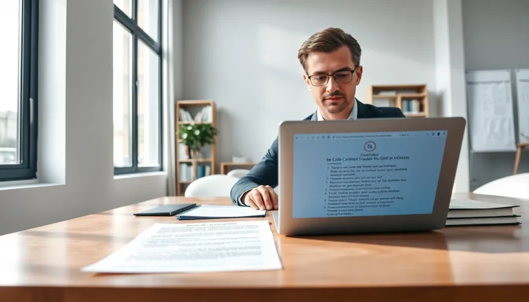 Traducteur agréé professionnel travaillant avec diligence dans un bureau moderne sur des documents de traduction.