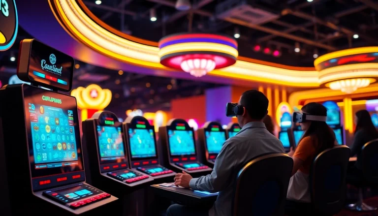 Jouer aux jeux au meilleur casino en ligne français entouré d'une ambiance festive et lumineuse.