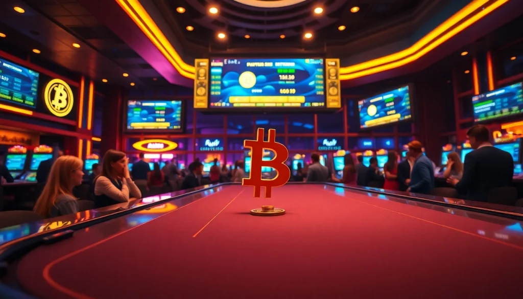 Jouer à casino en ligne Bitcoin sur une table de jeux avec des lumières vives.
