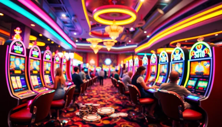 Vibrant gaming atmosphere showcasing meilleur casino en ligne francais with excited players and bright lights.