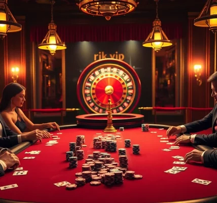 Exciting poker action at a rik vip casino table, showcasing colorful chips and engaged players in a luxurious setting.