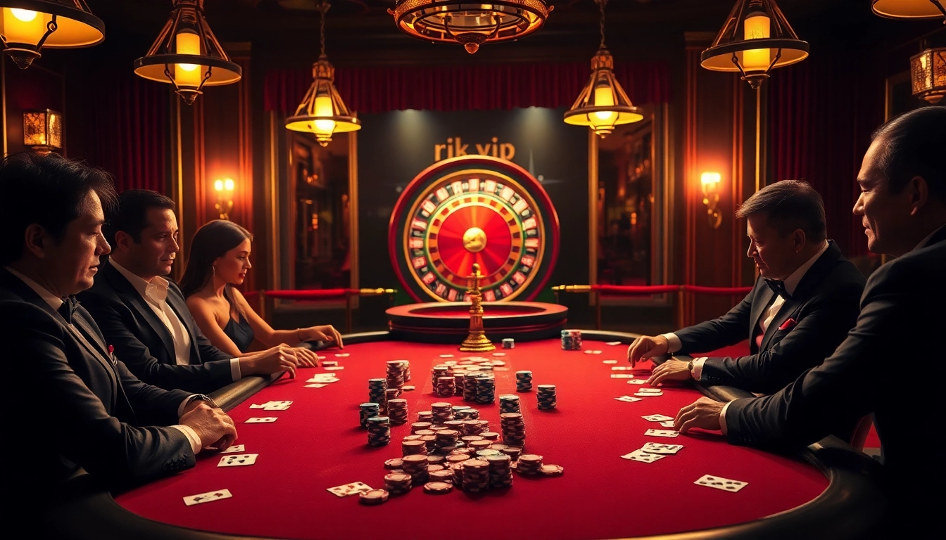 Exciting poker action at a rik vip casino table, showcasing colorful chips and engaged players in a luxurious setting.