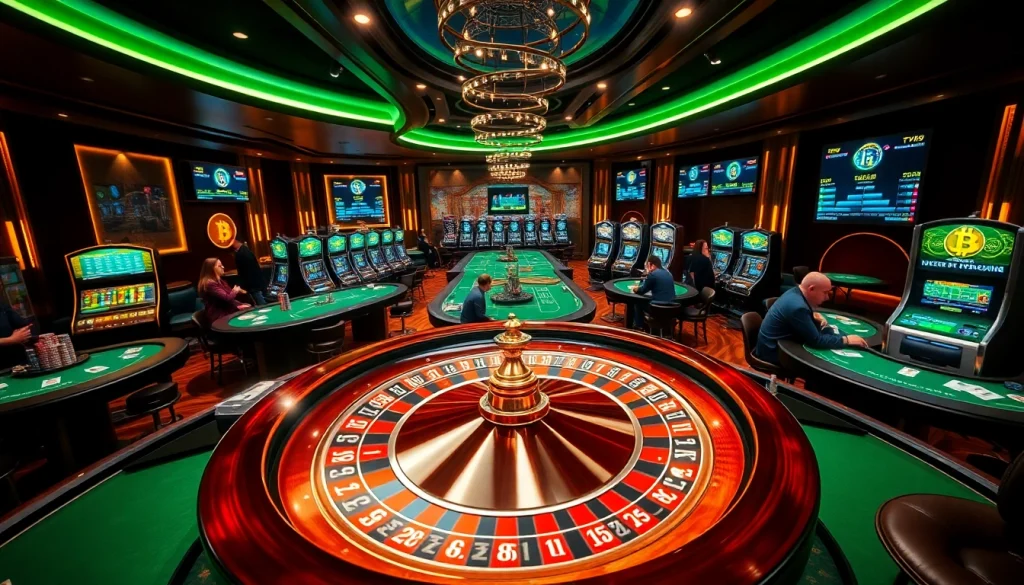 Exciting scene of meilleurs casino crypto with players at roulette, poker tables, and crypto-themed slot machines.