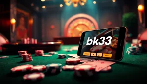 Experience the excitement of the Bk33 casino with vibrant cards, poker chips, and a roulette wheel in a luxurious setting.