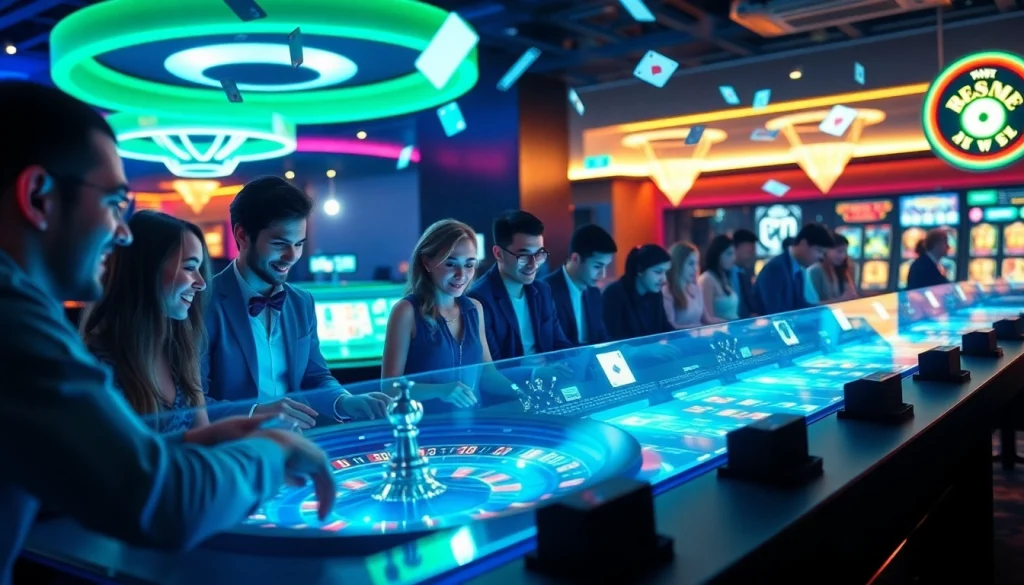 Jeu de cartes animé au meilleur casino en ligne français, ambiance vibrant et technologique.