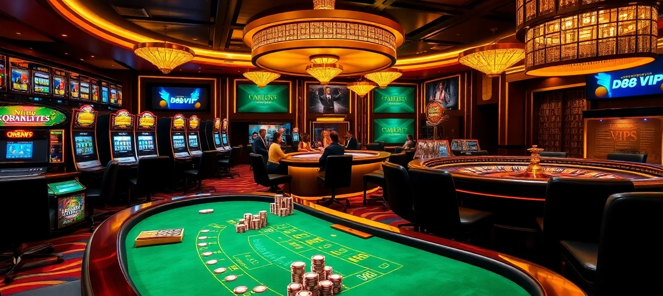 Experience exciting gameplay at DH88 VIP casino with vibrant tables and glowing slot machines.