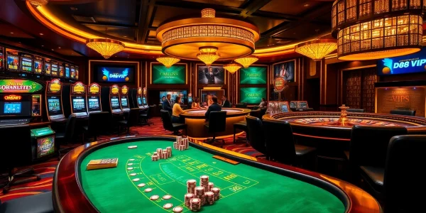 Experience exciting gameplay at DH88 VIP casino with vibrant tables and glowing slot machines.