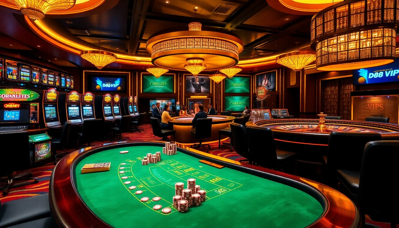 Experience exciting gameplay at DH88 VIP casino with vibrant tables and glowing slot machines.