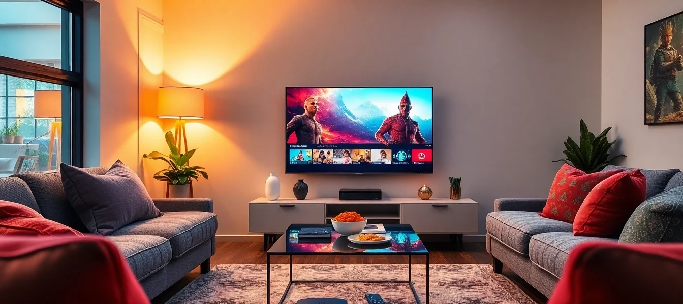 Scène de salon captivante avec une télévision intelligente affichant du contenu d'abonnement IPTV