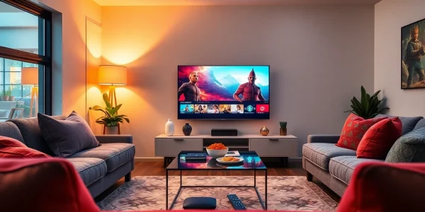 Scène de salon captivante avec une télévision intelligente affichant du contenu d'abonnement IPTV