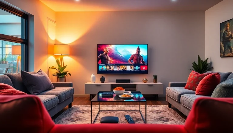 Scène de salon captivante avec une télévision intelligente affichant du contenu d'abonnement IPTV