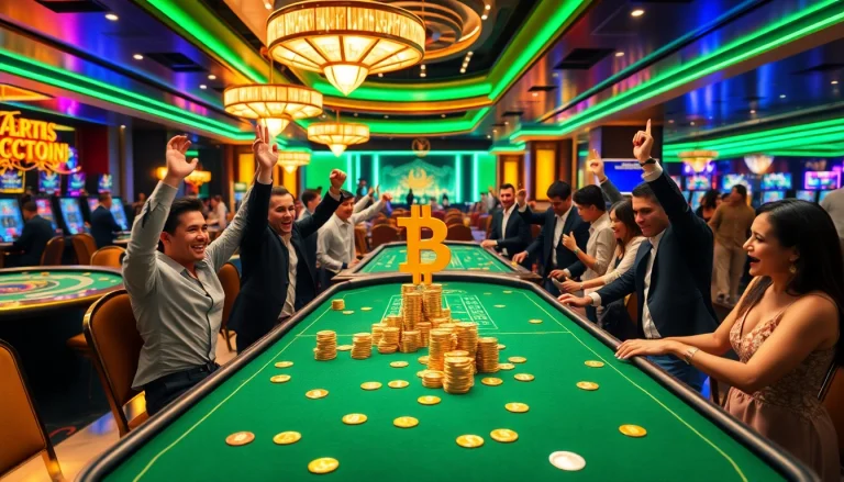 Jouer au crypto casino dans un environnement moderne et vibrant avec des joueurs enthousiastes.