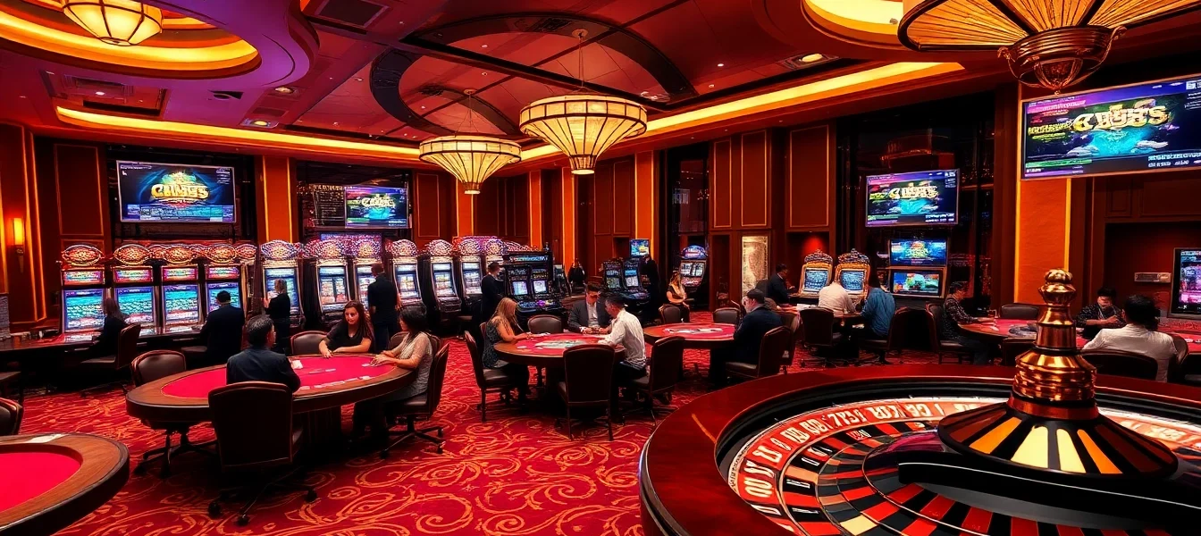 Excited players enjoying casino games at qq888, showcasing luxurious tables, colorful slot machines, and thrilling roulette wheels.