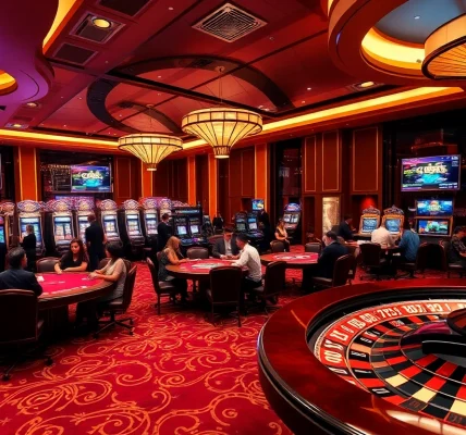 Excited players enjoying casino games at qq888, showcasing luxurious tables, colorful slot machines, and thrilling roulette wheels.