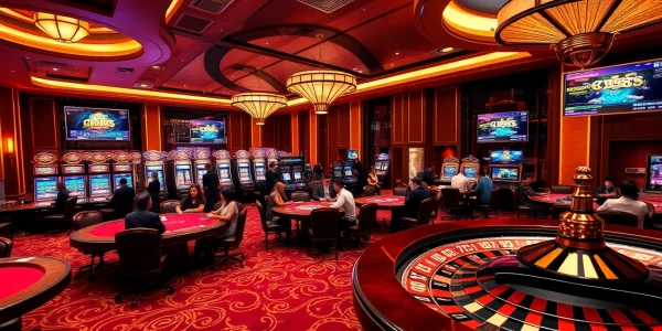 Excited players enjoying casino games at qq888, showcasing luxurious tables, colorful slot machines, and thrilling roulette wheels.