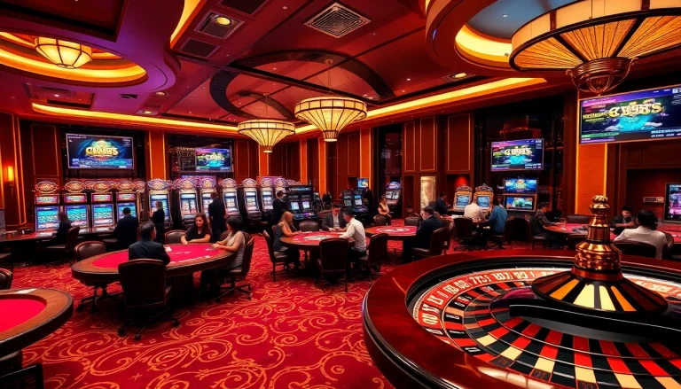Excited players enjoying casino games at qq888, showcasing luxurious tables, colorful slot machines, and thrilling roulette wheels.