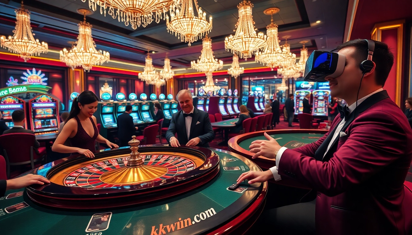 Players enjoying a luxurious casino experience while engaging with kkwin.com branded games and virtual reality features.