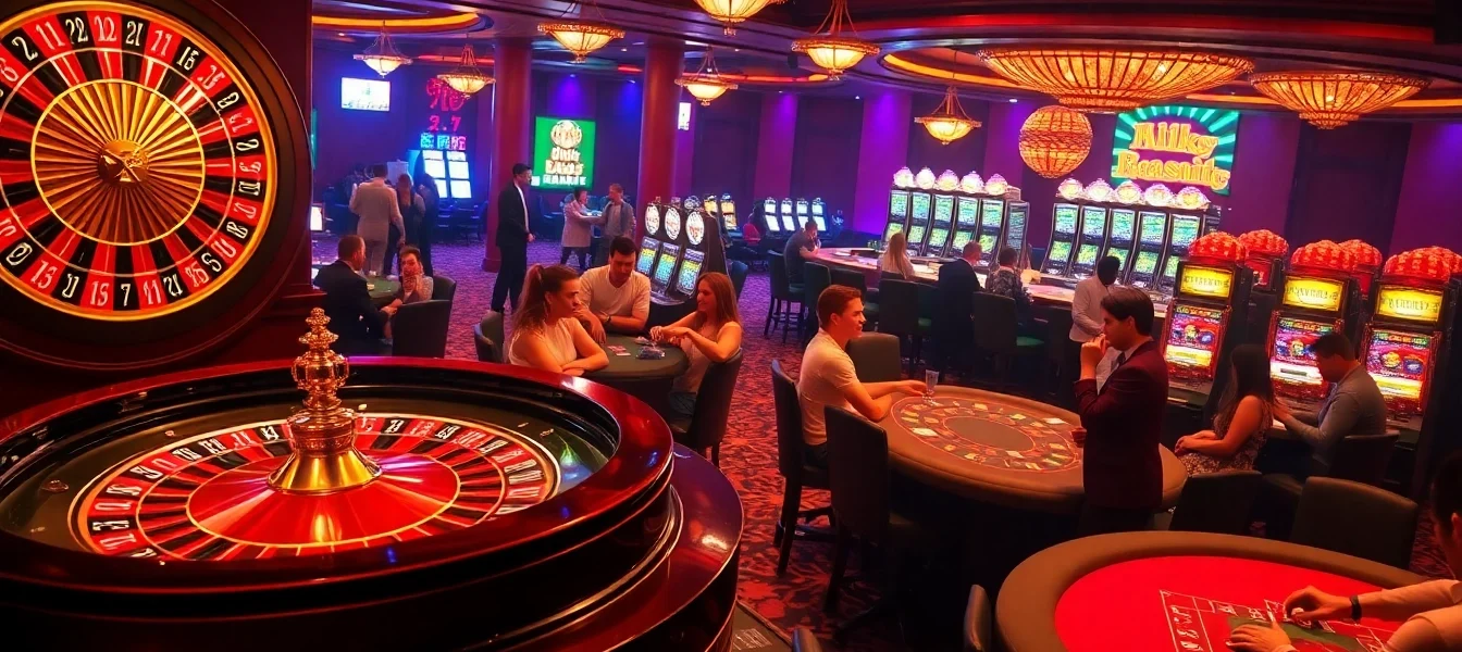 Gamblers enjoying excitement at an S 8 casino bejeweled with vibrant tables and slot machines.