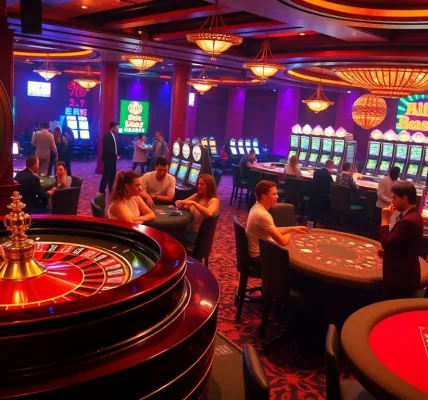 Gamblers enjoying excitement at an S 8 casino bejeweled with vibrant tables and slot machines.