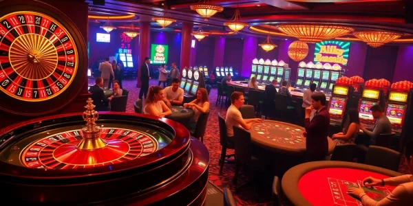 Gamblers enjoying excitement at an S 8 casino bejeweled with vibrant tables and slot machines.