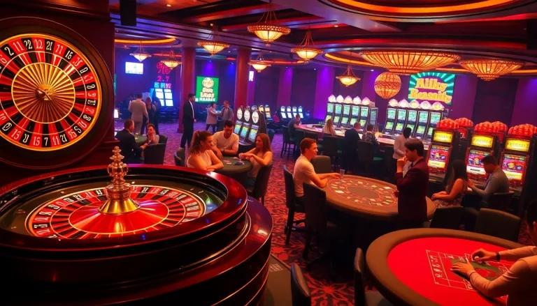 Gamblers enjoying excitement at an S 8 casino bejeweled with vibrant tables and slot machines.