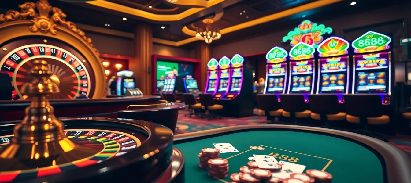 RR88 online casino featuring a luxurious roulette wheel and engaging slot machines.