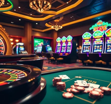 RR88 online casino featuring a luxurious roulette wheel and engaging slot machines.