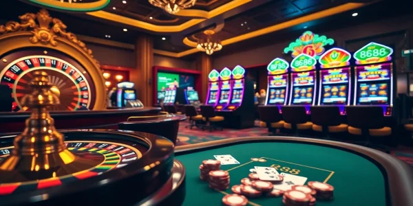 RR88 online casino featuring a luxurious roulette wheel and engaging slot machines.