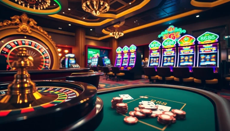 RR88 online casino featuring a luxurious roulette wheel and engaging slot machines.