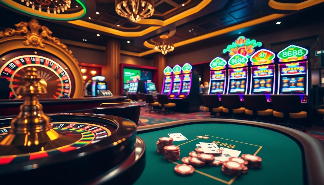 RR88 online casino featuring a luxurious roulette wheel and engaging slot machines.