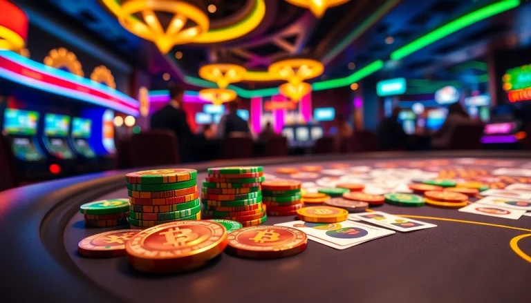 Gagnez avec le casino en ligne Bitcoin entouré de jetons colorés et d'une ambiance animée.