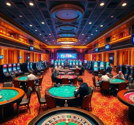 FLY88 casino patrons enjoying thrilling poker games and spinning roulette wheels.