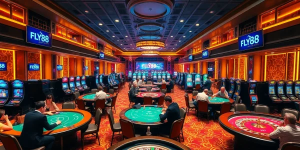 FLY88 casino patrons enjoying thrilling poker games and spinning roulette wheels.