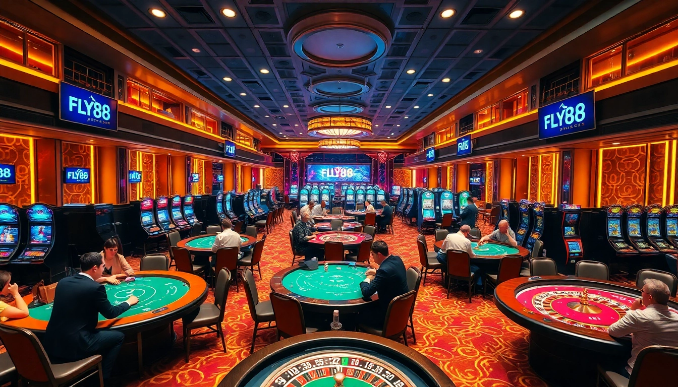FLY88 casino patrons enjoying thrilling poker games and spinning roulette wheels.