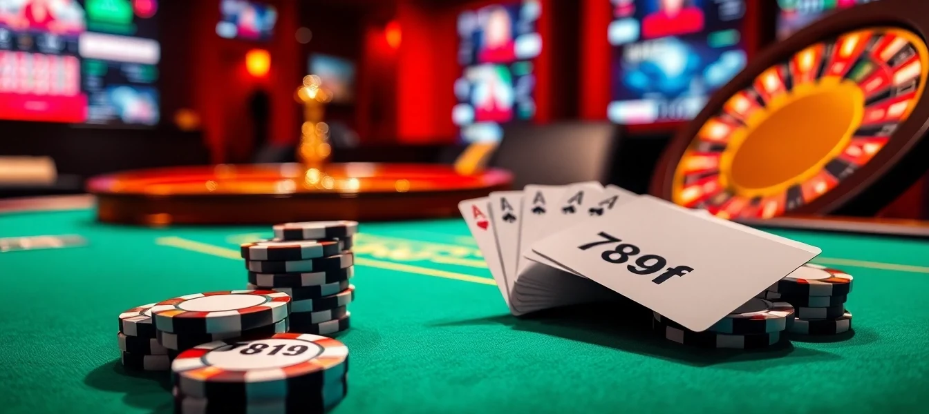 Poker scene with luxurious chips labeled 789 f and an elegant roulette wheel, evoking thrilling Vegas-style excitement.