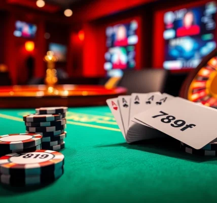 Poker scene with luxurious chips labeled 789 f and an elegant roulette wheel, evoking thrilling Vegas-style excitement.