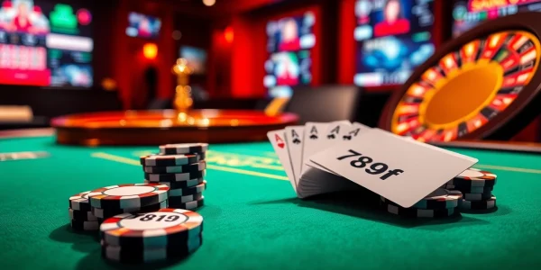 Poker scene with luxurious chips labeled 789 f and an elegant roulette wheel, evoking thrilling Vegas-style excitement.