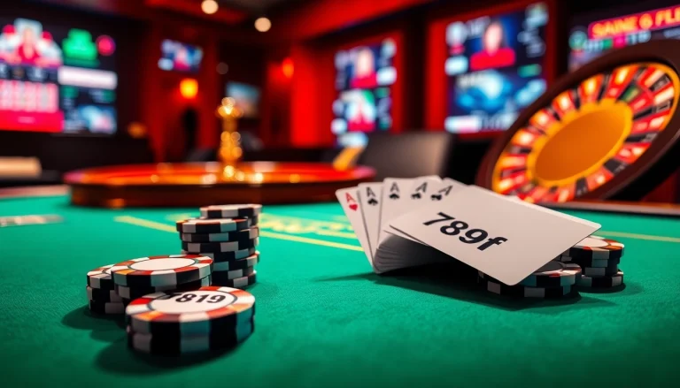 Poker scene with luxurious chips labeled 789 f and an elegant roulette wheel, evoking thrilling Vegas-style excitement.