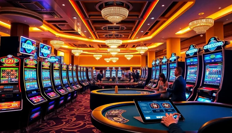 A thrilling scene of the meilleur casino crypto featuring luxurious gaming areas, poker tables, and vibrant slot machines.