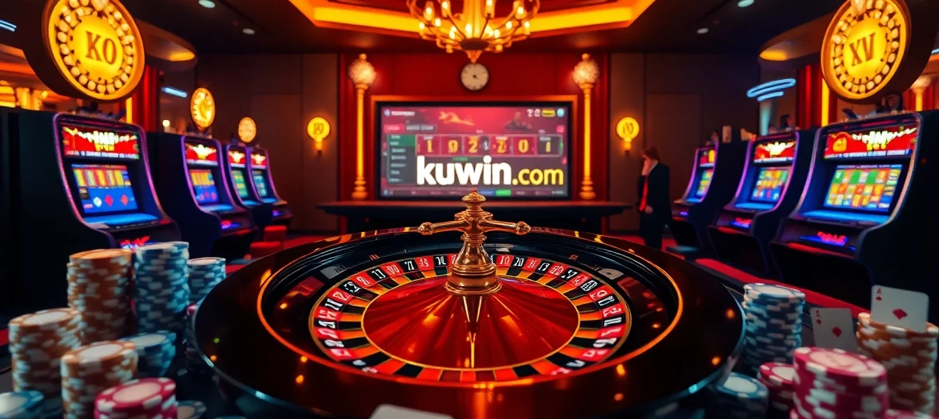 Engaging scene of casino excitement with kuwin.com betting action on roulette and poker.
