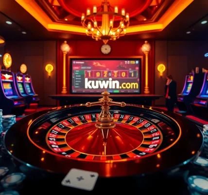 Engaging scene of casino excitement with kuwin.com betting action on roulette and poker.